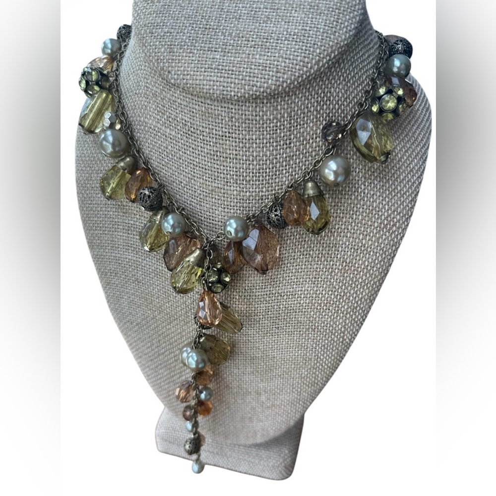 Vintage-style Y Drop statement necklace w amber+champagne-colored crystals